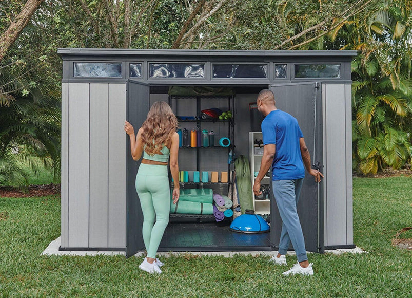 Keter Artisan 11x7 Modern Resin Outdoor Storage Shed Kit-Perfect to Store Patio Furniture, Garden Tools Bike Accessories, Beach Chairs and Lawn Mower