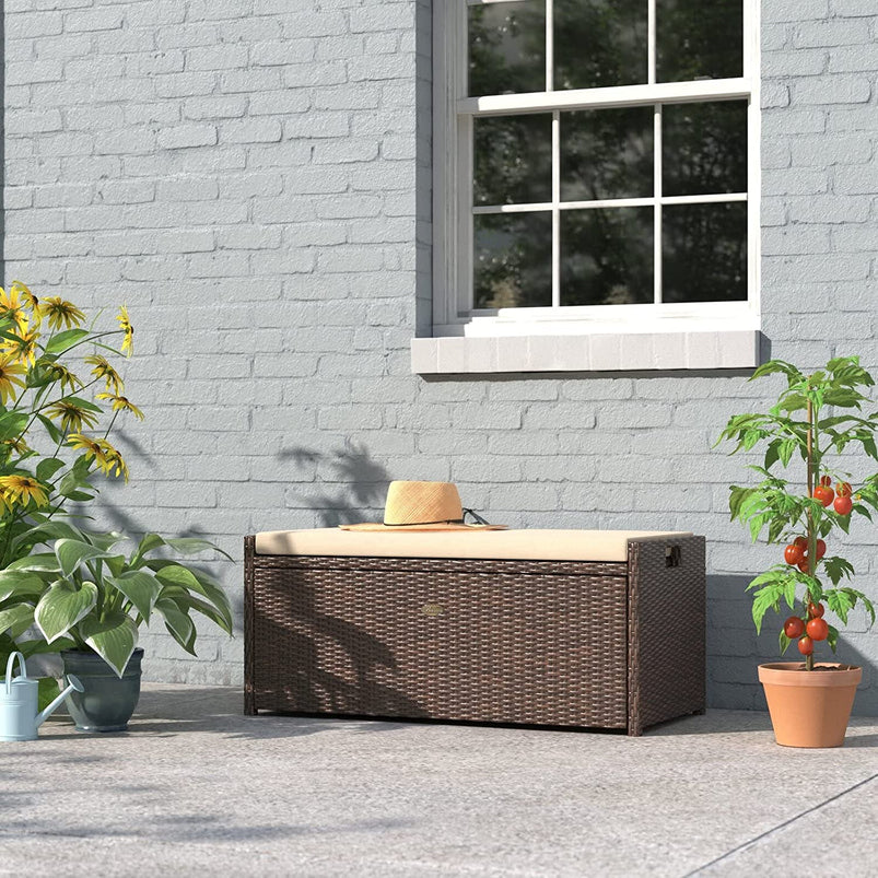 Barton Outdoor Storage Bench Rattan Style Deck Box Wicker Patio Furniture Water Resistance W/Seat Cushion, 60-Gallon, Brown