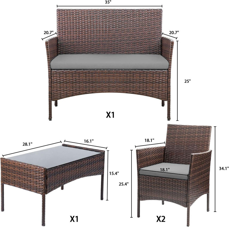 4 Pieces Patio Rattan Chair Wicker, Outdoor Indoor Use Backyard Porch Garden Poolside Balcony Furniture Sets Red