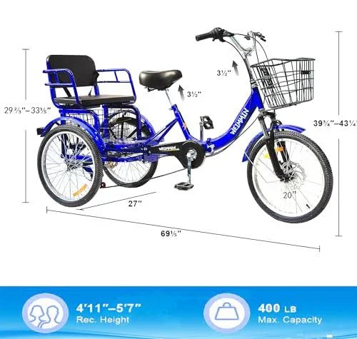 Tricycle 7 Speed, 20 Inch 3 Wheel Bikes Folding Tricycle for Adults Star Strip Blue