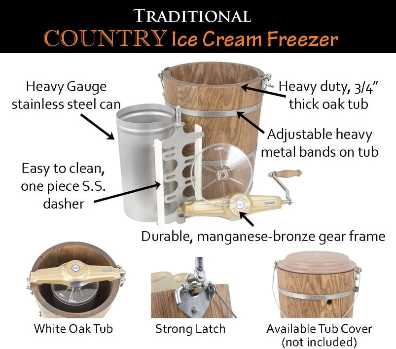 6 QT Country Ice Cream Maker, Classic Wooden Tub, Hand Crank