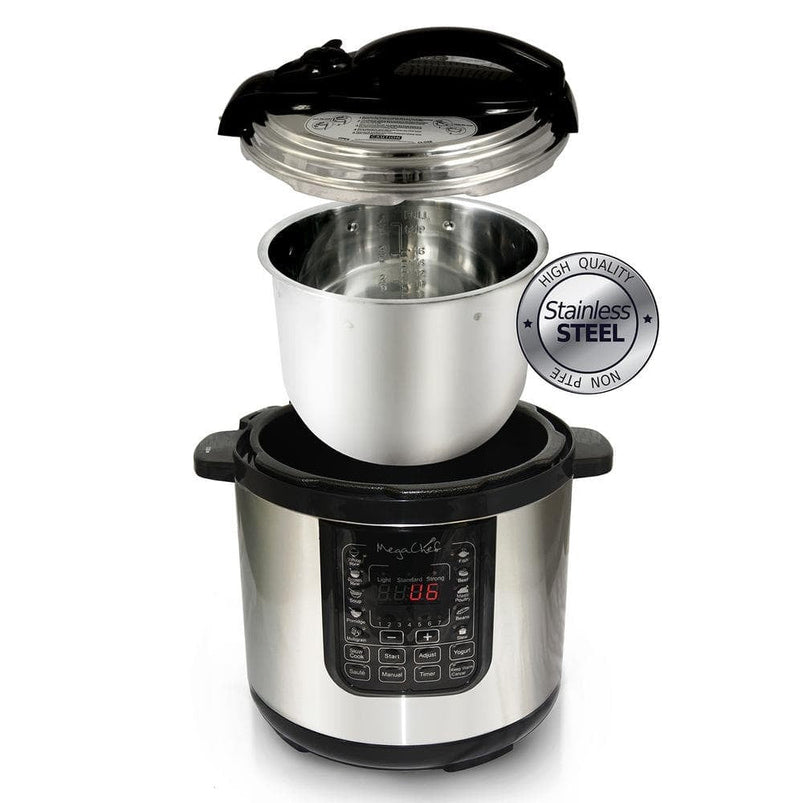MegaChef 8 QT Stainless Steel Electric Pressure Cooker with Digital Presets and Slow Cook Function