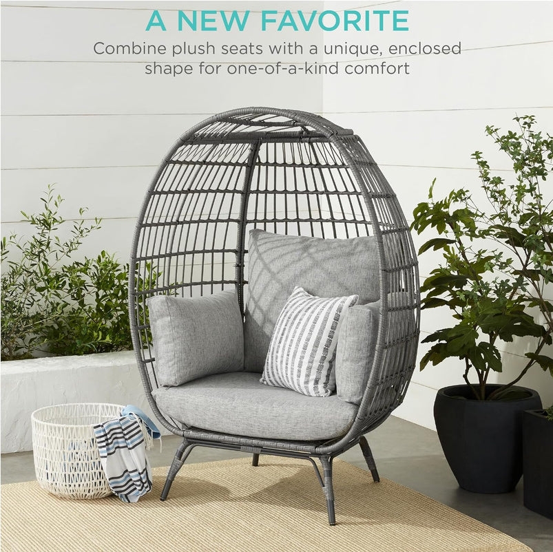 Best Choice Products Wicker Egg Chair, Oversized Indoor Outdoor Lounger for Patio, Backyard, Living Room W/ 4 Cushions, Steel Frame, 440lb Capacity