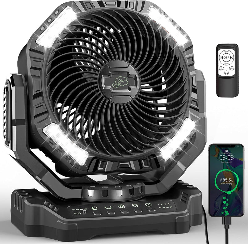 40, 000mAh Battery Operated Fan, 13" Remote Camping Fan with LED Auto-Oscillating Rechargeable Fan Powerful Portable Desk Fan for Home, Camping, RV