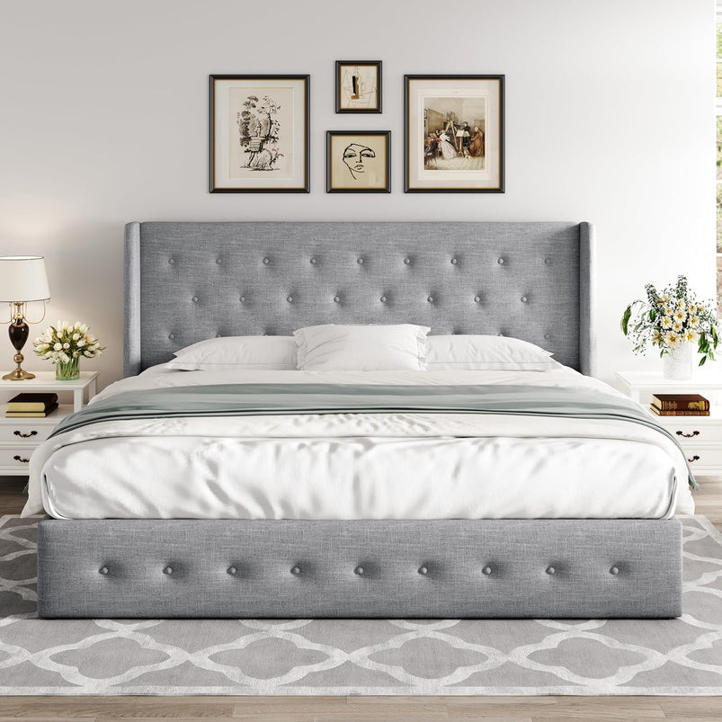 Allewie Queen Size Lift up Storage Bed, Modern Wingback Headboard, Hydraulic Support, Light Beige