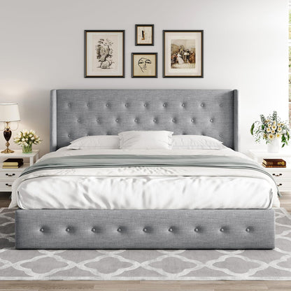 Allewie Queen Size Lift up Storage Bed, Modern Wingback Headboard, Hydraulic Support, Light Beige