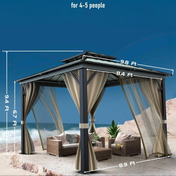 10x10 Hardtop Gazebo with Double Metal Roof, Aluminum Frame, Net, and Curtain. All-Weather, Ideal for Patio, Deck, Garden, Backyard. Khaki