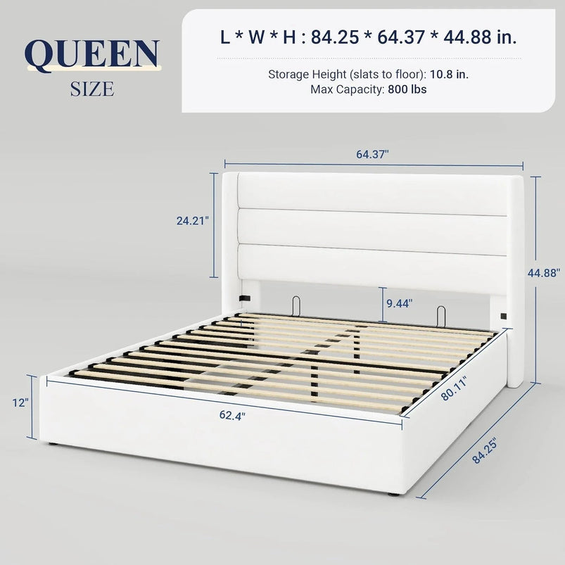 Allewie Queen Size Lift up Storage Bed, Modern Wingback Headboard, Hydraulic Support, Light Beige