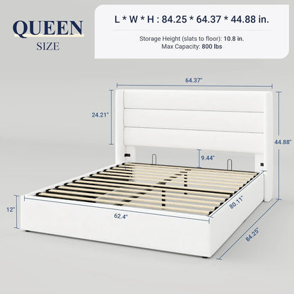 Allewie Queen Size Lift up Storage Bed, Modern Wingback Headboard, Hydraulic Support, Light Beige