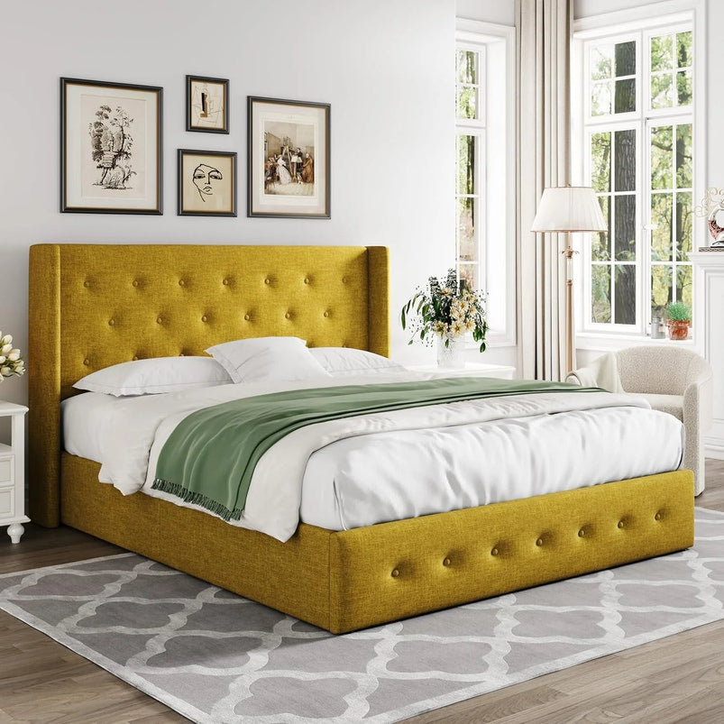 Allewie Queen Size Lift up Storage Bed, Modern Wingback Headboard, Hydraulic Support, Light Beige