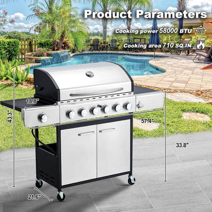 Upgraded 4 Burner BBQ Propane Gas Grill with Cast Iron Grates and Side Stove, 44, 000 BTU Stainless Steel Burner Barbecue Grill for Patio, Camping