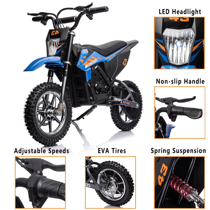 36V Kids Electric Dirt Bike, 36V, 350W, 15.5MPH, LED, 175lbs Max, Blue