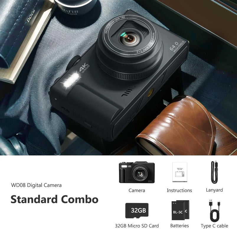 4K Digital Camera for Photography, 64MP Vlogging Camera for Youtube with 3" 180 Degree Flip Screen