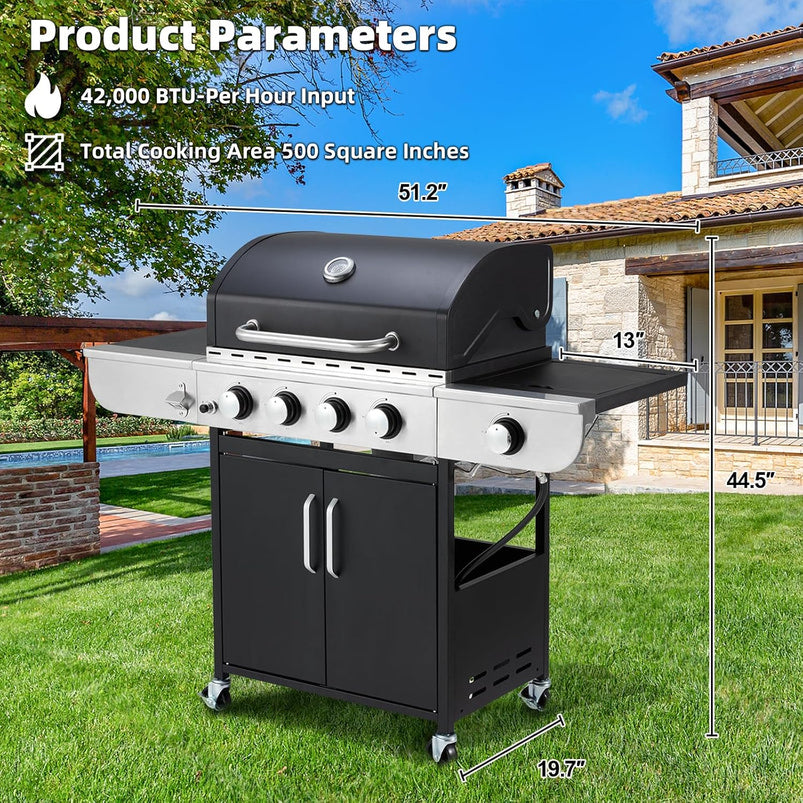 Upgraded 4 Burner BBQ Propane Gas Grill with Cast Iron Grates and Side Stove, 44, 000 BTU Stainless Steel Burner Barbecue Grill for Patio, Camping