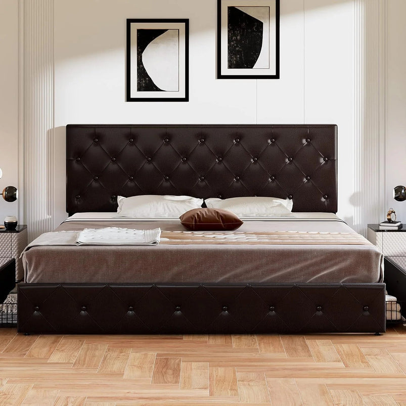 Allewie Upholstered Queen Size Platform Bed Frame with 4 Storage Drawers and Headboard, Square Stitched Button Tufted
