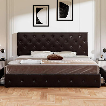 Allewie Upholstered Queen Size Platform Bed Frame with 4 Storage Drawers and Headboard, Square Stitched Button Tufted