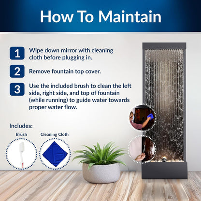 Alpine Mirror Waterfall Fountain with Stones and Lights, 72", Indoor/Outdoor Zen Decor
