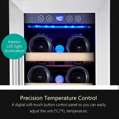 24 Inch Wine Cooler, 46 Bottle, Dual Zone Built-in or Freestanding Fridge with Stainless Steel Reversible Glass Door, for Home, Kitchen, or Office