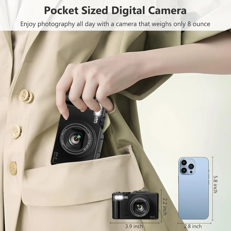 4K Digital Camera for Photography, 64MP Vlogging Camera for Youtube with 3" 180 Degree Flip Screen