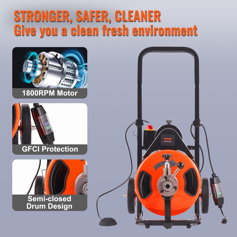 Drain Cleaner Machine 100FT x 1/2Inch, Auto Feed Sewer Snake Auger with 4 Cutter and Air-Activated Foot Switch for 1" to 4" Pipes, Orange, Black
