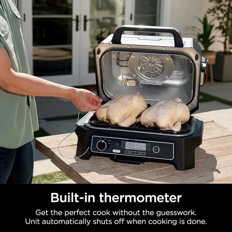7-in-1 Grill and Smoker with Thermometer, Air Fryer, BBQ, Bake, Roast, Broil, Portable Electric Outdoor Grill, Grey
