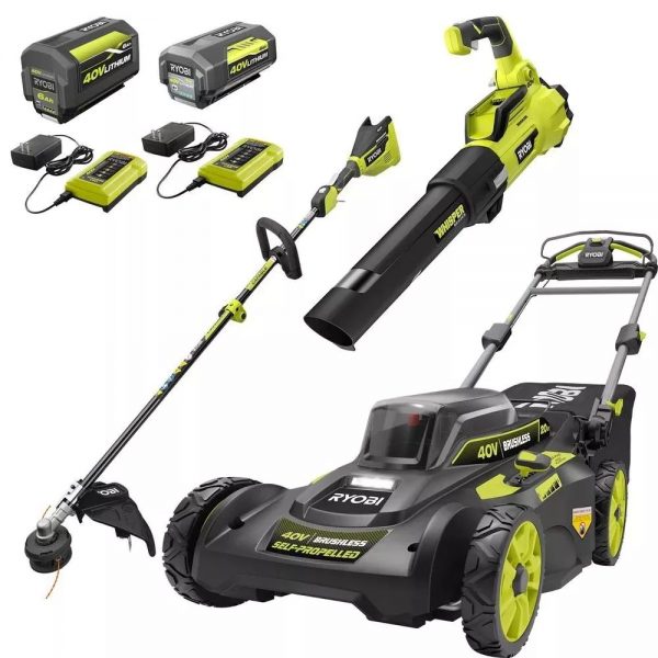 40V Brushless 20 In. Walk Behind Self Propelled Mower String Trimmer Leaf Blower with 2 Batteries and 2 Chargers