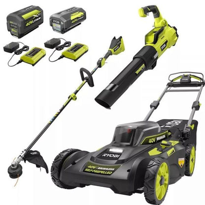 40V Brushless 20 In. Walk Behind Self Propelled Mower String Trimmer Leaf Blower with 2 Batteries and 2 Chargers