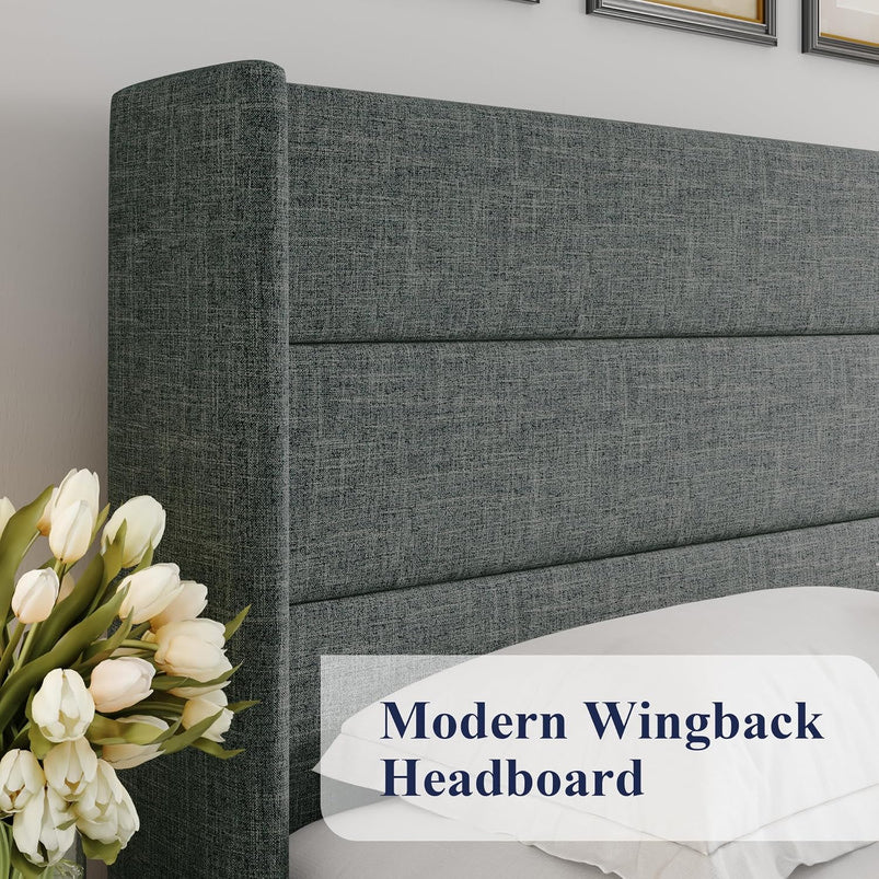 Allewie Queen Size Lift up Storage Bed, Modern Wingback Headboard, Hydraulic Support, Light Beige