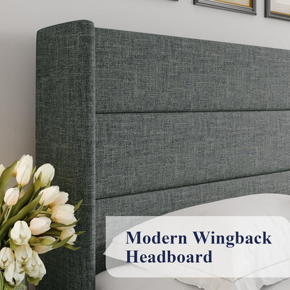 Allewie Queen Size Lift up Storage Bed, Modern Wingback Headboard, Hydraulic Support, Light Beige
