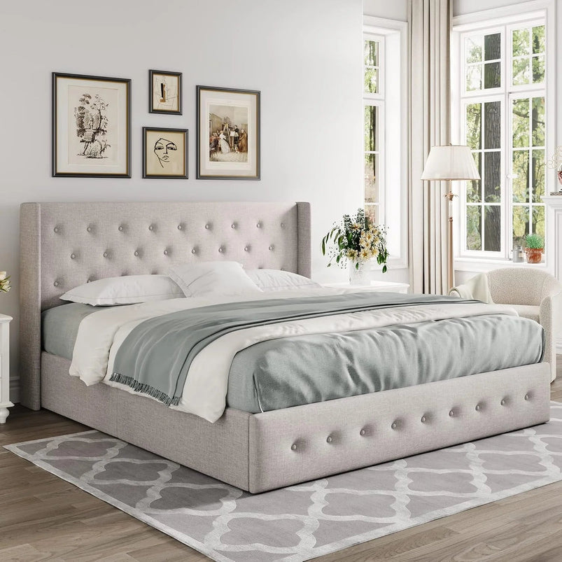 Allewie Queen Size Lift up Storage Bed, Modern Wingback Headboard, Hydraulic Support, Light Beige