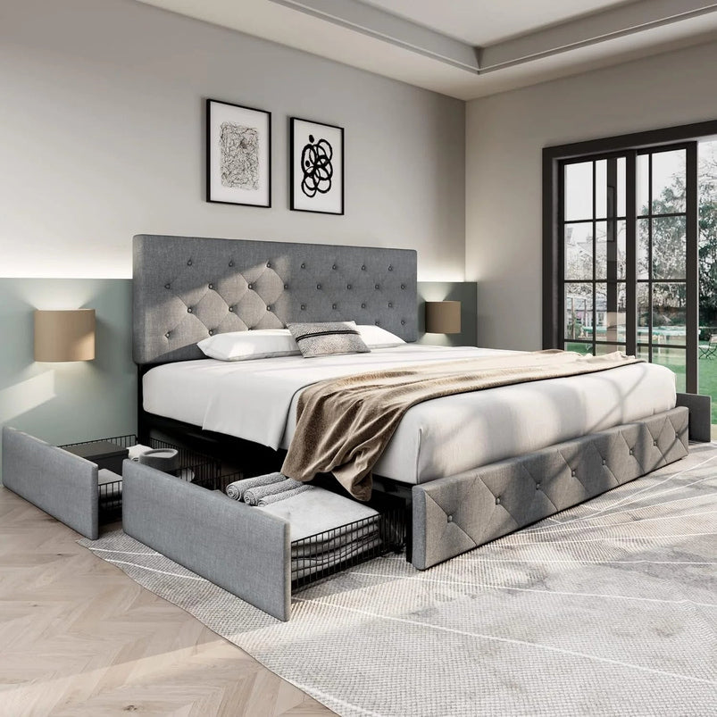 Allewie Upholstered Queen Size Platform Bed Frame with 4 Storage Drawers and Headboard, Square Stitched Button Tufted