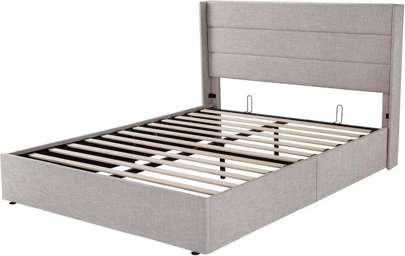 Allewie Queen Size Lift up Storage Bed, Modern Wingback Headboard, Hydraulic Support, Light Beige