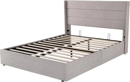 Allewie Queen Size Lift up Storage Bed, Modern Wingback Headboard, Hydraulic Support, Light Beige
