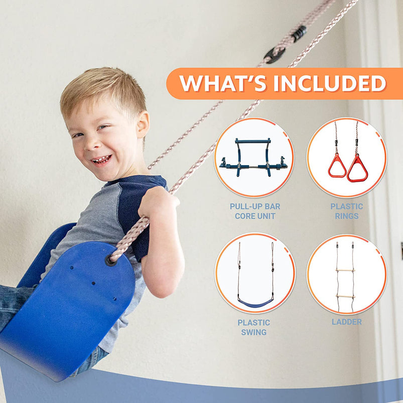 6 Piece Indoor Doorway Gym Set for Kids, Indoor Swing for Kids Includes Kids Swing Chair, Rings, Hanging Trapeze, Ladder, Swinging Rope and Pullup Bar