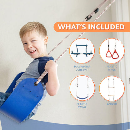 6 Piece Indoor Doorway Gym Set for Kids, Indoor Swing for Kids Includes Kids Swing Chair, Rings, Hanging Trapeze, Ladder, Swinging Rope and Pullup Bar