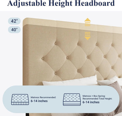 Allewie Upholstered Queen Size Platform Bed Frame with 4 Storage Drawers and Headboard, Square Stitched Button Tufted