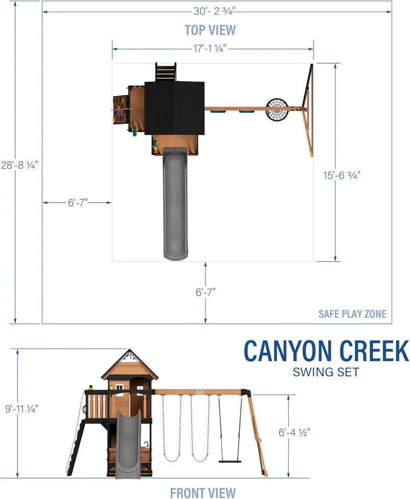 Backyard Discovery Canyon Creek Cedar Wood Swing Set with Wave Slide, Clubhouse, Play Kitchen, Picnic Area, Belt Swings, Web Swing, Rock Wall