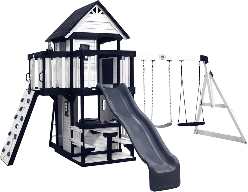 Canyon Creek Cedar Wood Swing Set with Wave Slide, Clubhouse, Play Kitchen, Picnic Area, Belt Swings, Web Swing, Rock Wall, Balconies, Playhouse
