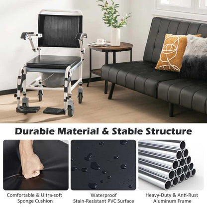 4 in 1 Bedside Commode Chair Shower Wheelchair with Detachable Bucket Padded Mobile Toilet Chair, Comfortable and Ergonomic Design