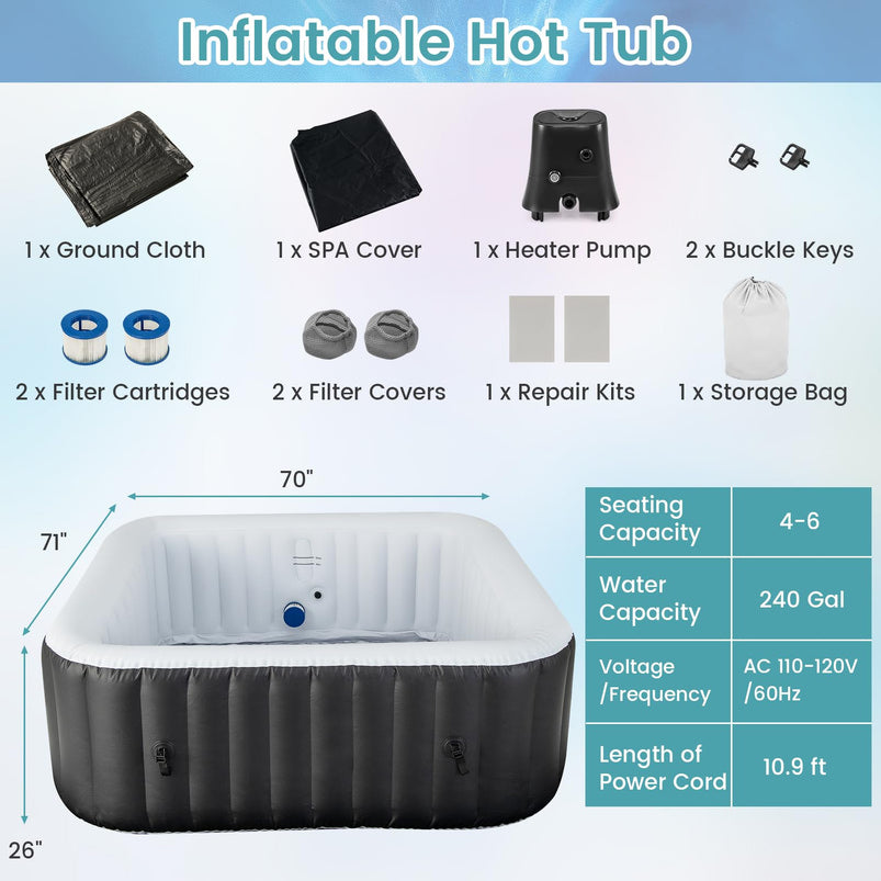 Inflatable Hot Tub, Blowup Pool Hottub, Portable Outdoor Water Spa
