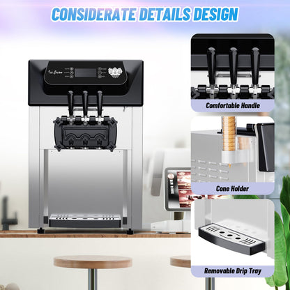 2200W Commercial 3 Flavor Soft Serve Ice Cream Machine, 5.3-7.4 Gal/Hr, with LCD Touch Screen, Automatic Cleaning, for Home Snack Bar and Restaurants