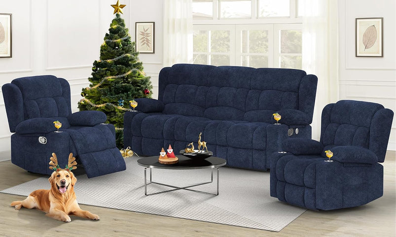 3 Seat Reclining Sofa with Storage Drawer USB Ports and Cup Holders Manual Couch