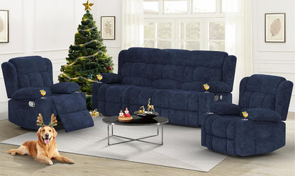 3 Seat Reclining Sofa with Storage Drawer USB Ports and Cup Holders Manual Couch