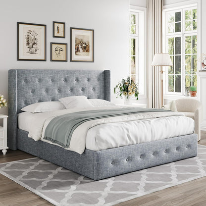 Allewie Queen Size Lift up Storage Bed, Modern Wingback Headboard, Hydraulic Support, Light Beige
