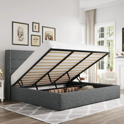 Allewie Queen Size Lift up Storage Bed, Modern Wingback Headboard, Hydraulic Support, Light Beige