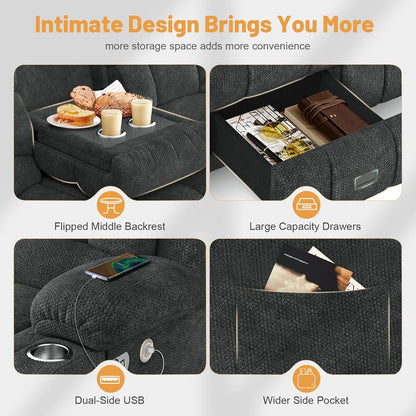 3 Seat Reclining Sofa with Storage Drawer USB Ports and Cup Holders Manual Couch