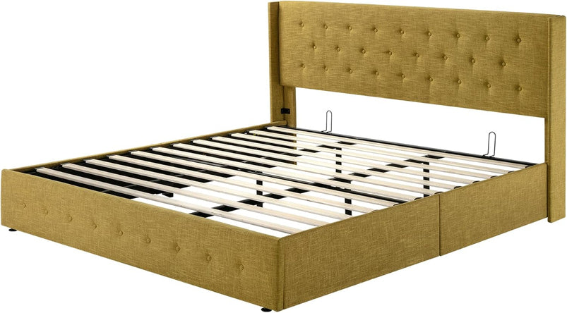 Allewie Queen Size Lift up Storage Bed, Modern Wingback Headboard, Hydraulic Support, Light Beige