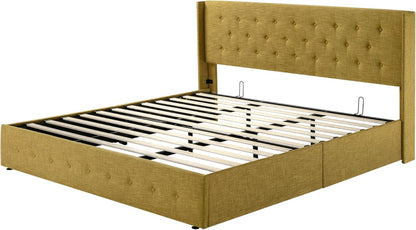 Allewie Queen Size Lift up Storage Bed, Modern Wingback Headboard, Hydraulic Support, Light Beige