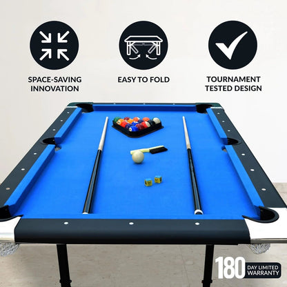 6 Ft Portable Pool Table, Adults Folding Billiards Tables for Game Room with Easy Foldable Storage, Includes Full Set of Billiard Balls, Cues