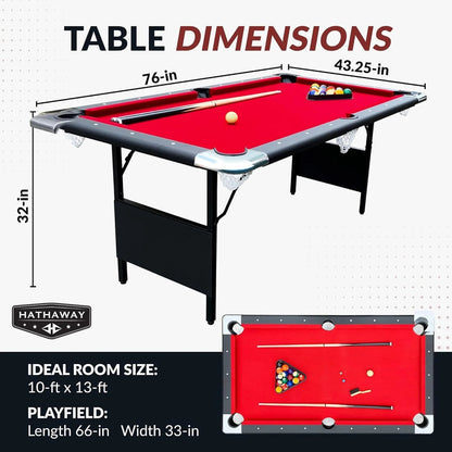 6 Ft Portable Pool Table, Adults Folding Billiards Tables for Game Room with Easy Foldable Storage, Includes Full Set of Billiard Balls, Cues